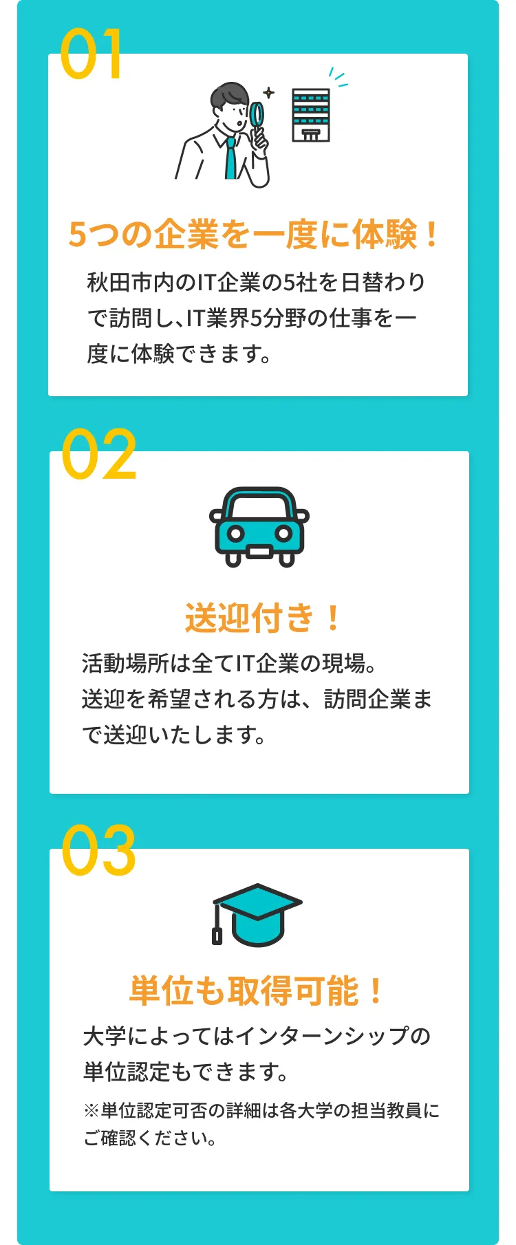 01:5つの企業を一度に体験！秋田市内のIT企業の5社を日替わりで訪問し、IT業界5分野の仕事を一度に体験できます。 02:送迎付き！活動場所は全てIT企業の現場。送迎を希望される方は、訪問企業まで送迎いたします。 03:単位も取得可能！大学によってはインターンシップの単位認定もできます。※単位認定可否の詳細は各大学の担当教員にご確認ください。