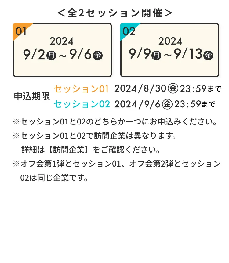 ＜全2セッション開催＞セッション01:2024/9/2(月)〜9/6(金) セッション02:2024/9/9(月)〜9/13(金) 申込期限 セッション01:2024/8/30(金) 23：59まで セッション02:2024/9/6(金) 23：59まで ※セッション01と02のどちらか一つにお申込みください。 ※セッション01と02で訪問企業は異なります。詳細は【訪問企業】をご確認ください。 ※オフ会第1弾とセッション01、オフ会第2弾とセッション02は同じ企業です。